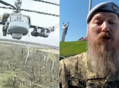 Collage. Left: Russian Ka-52 helicopter at low altitude seen through a Ukrainian FPV drone camera. Right: Major Robert 