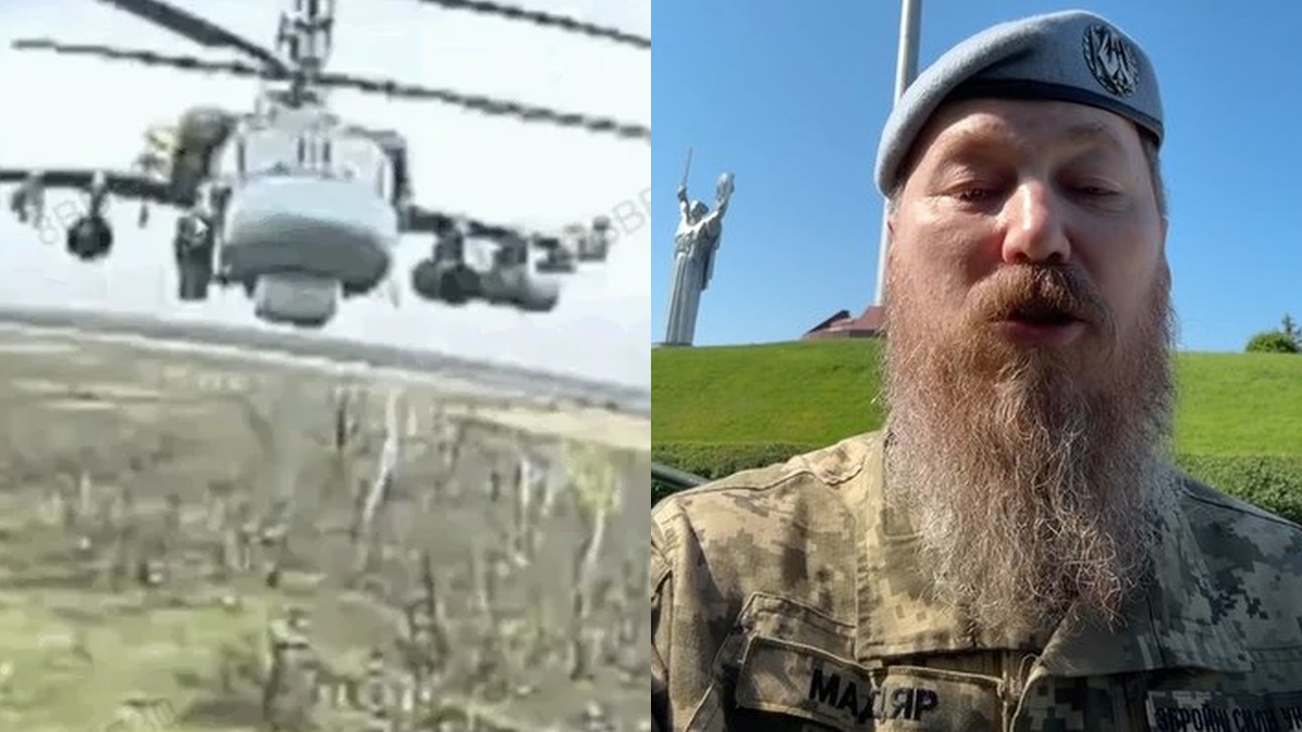 Collage. Left: Russian Ka-52 helicopter at low altitude seen through a Ukrainian FPV drone camera. Right: Major Robert 