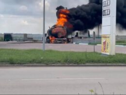 russia's fuel crisis jumps 15 25 regions five days—plus six occupied ukrainian areas · post russian truck burns gas station skadovsk kherson oblast after logistic lockdown mid-range strike 11 2026