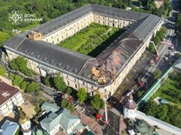 The image shows the aftermath of Russia's attack on the Kyiv-Pechersk Lavra on 15 June 2026. Credit: DSNS