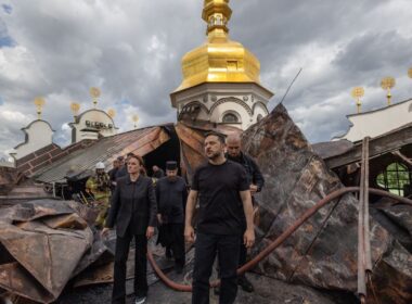 The image shows Ukrainian leader Volodymyr Zelenskyy at the Kyiv-Pechersk Lavra, a UNESCO World Heritage site, damaged in a Russian attack on 15 June 2026. Source: Zelenskiy Telegram