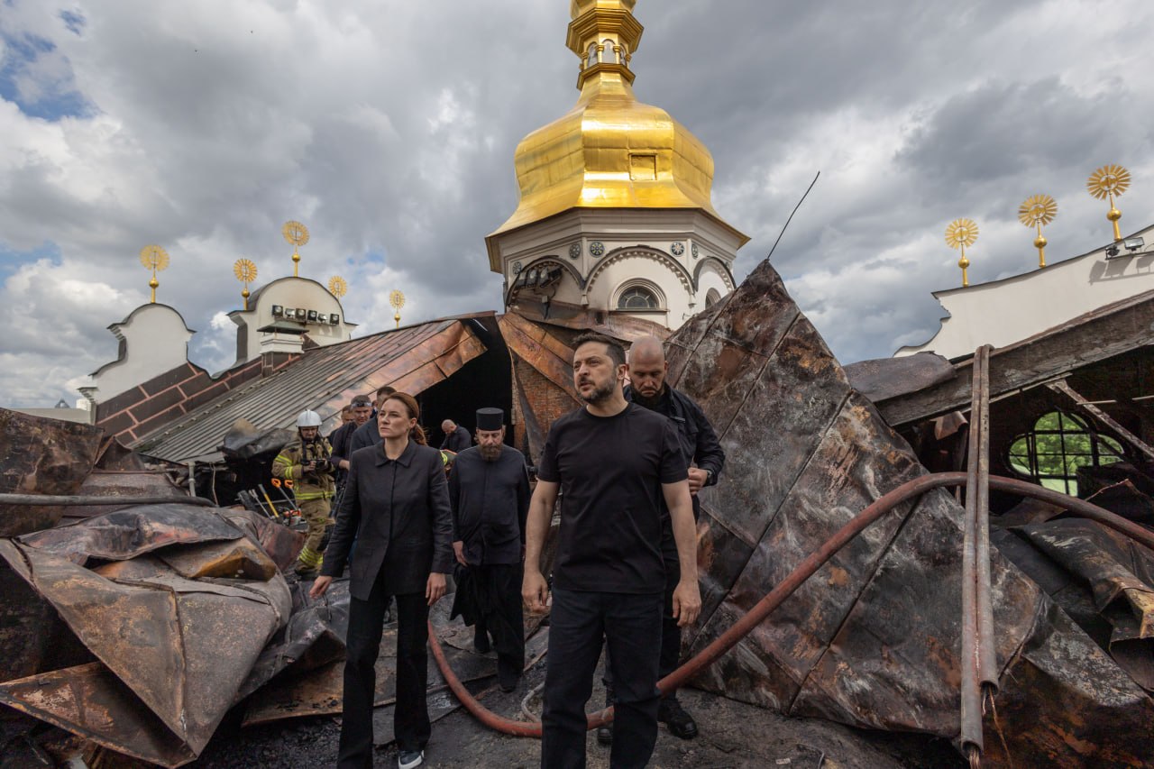 The image shows Ukrainian leader Volodymyr Zelenskyy at the Kyiv-Pechersk Lavra, a UNESCO World Heritage site, damaged in a Russian attack on 15 June 2026. Source: Zelenskiy Telegram