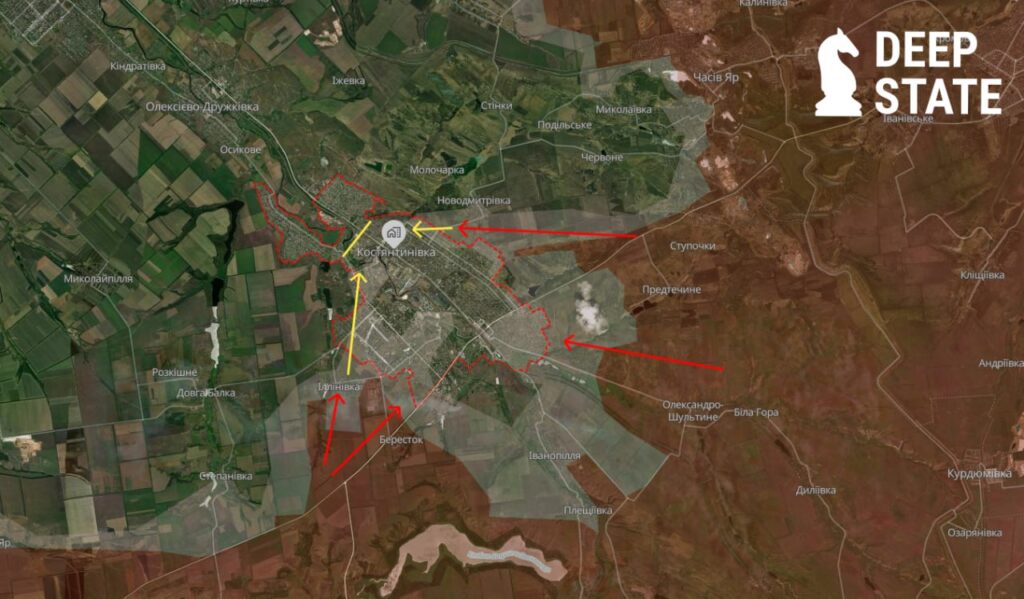 Frontline situation around Kostiantynivka, Donetsk Oblast, Ukraine, 16 June 2026. Map by DeepState