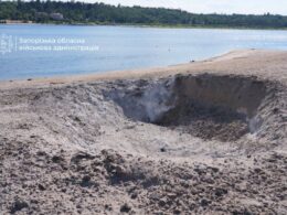 The hole at the beach in Zaporizhzhia from a Russian weapon. Source: Fedorov