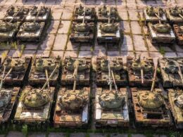 Stored Soviet-era T-72 tanks at a Russian depot.