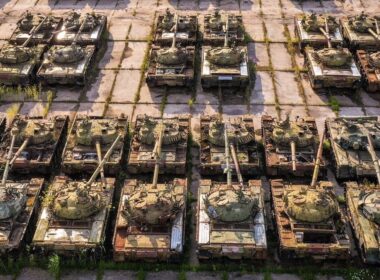 Stored Soviet-era T-72 tanks at a Russian depot.