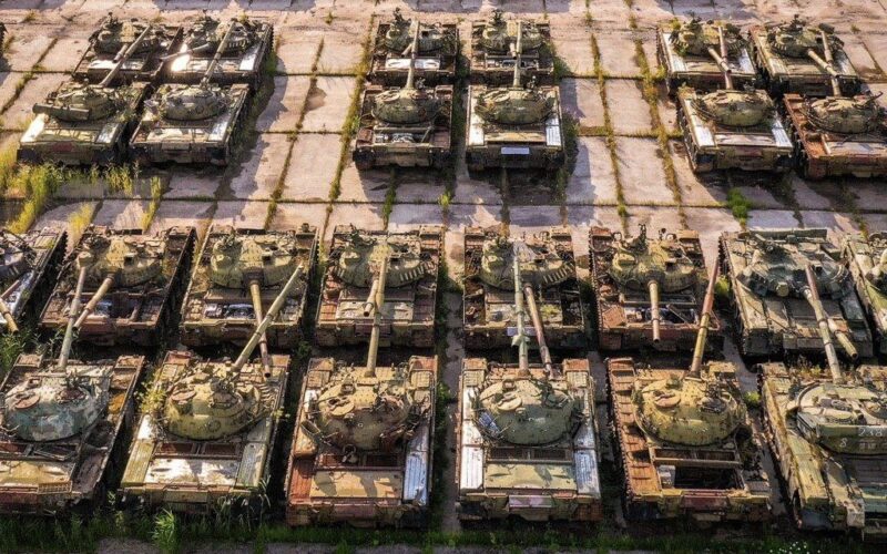 Stored Soviet-era T-72 tanks at a Russian depot.