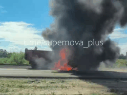 Russian military truck on fire after a Ukrainian drone strike near occupied Horlivka, Donetsk Oblast, 5 June 2026. Screenshot from video: Supernova+