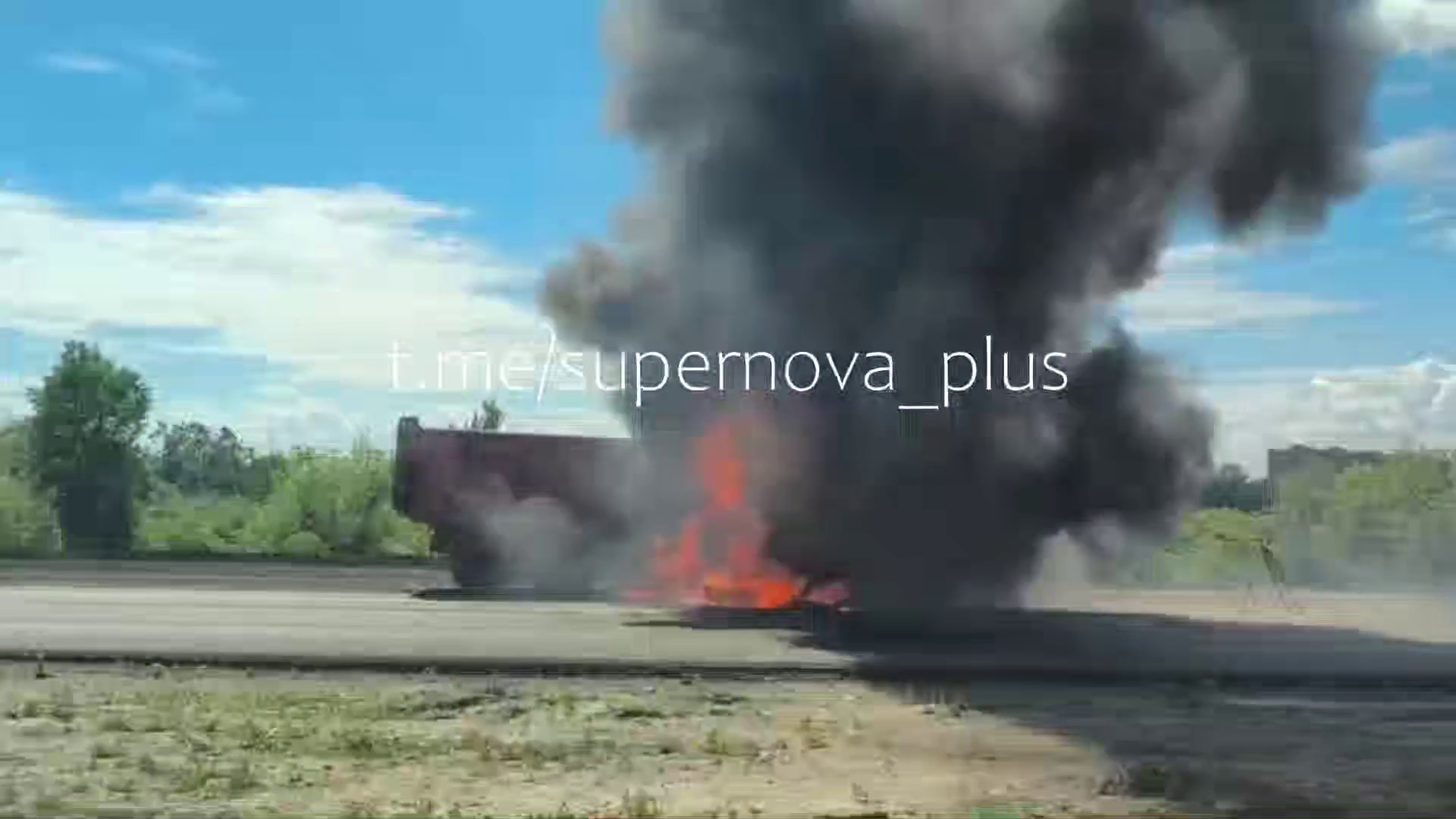Russian military truck on fire after a Ukrainian drone strike near occupied Horlivka, Donetsk Oblast, 5 June 2026. Screenshot from video: Supernova+