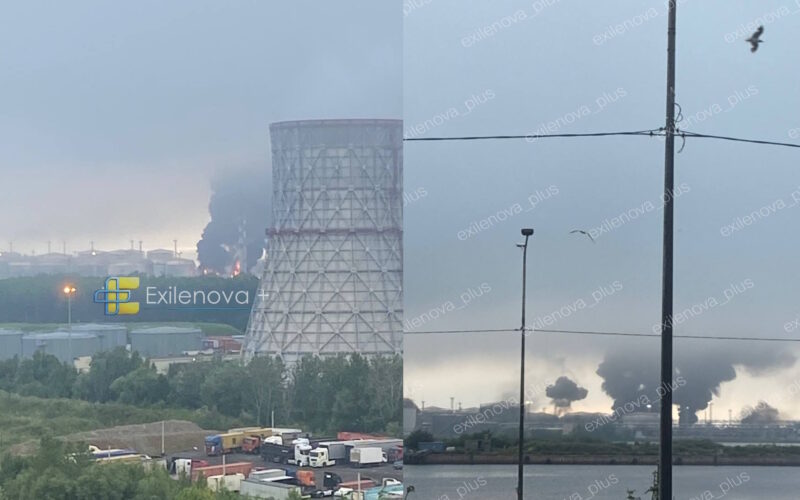 The image shows fire and smoke emanating from a St. Petersburg-area maritime petroleum products transshipment terminal. Source: OSINT Telegram channel Exilenova+