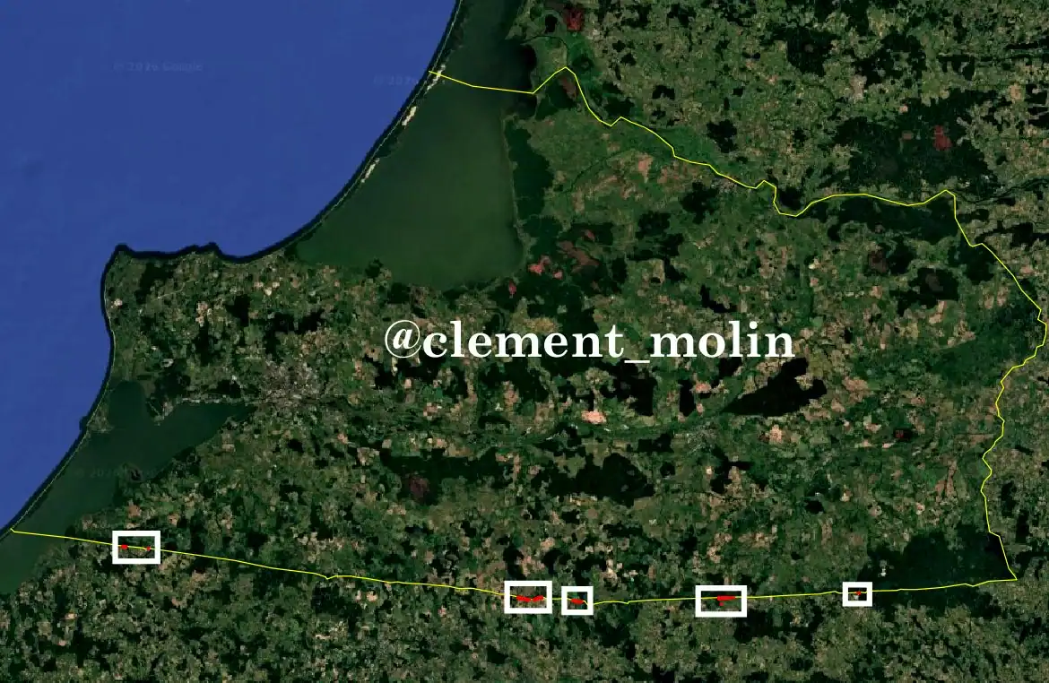 poland promised 700-kilometer shield against russia—two years satellites show four short ditches · post border fortifications along poland's frontier russia's kaliningrad oblast fortified zones marked карта укріплень на кордоні польщі