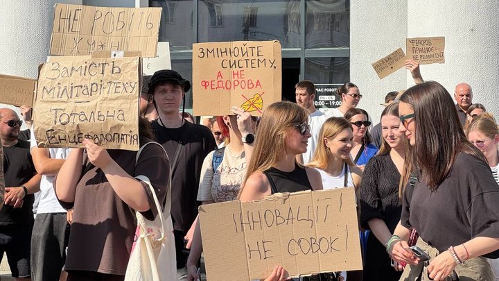 cardboard protests against zelenskyy's firing fedorov erupt across ukraine · post protesters voice stance government reshuffle rally khmelnytskyi 16 2026 signs read don't do dumb things instead military tech —