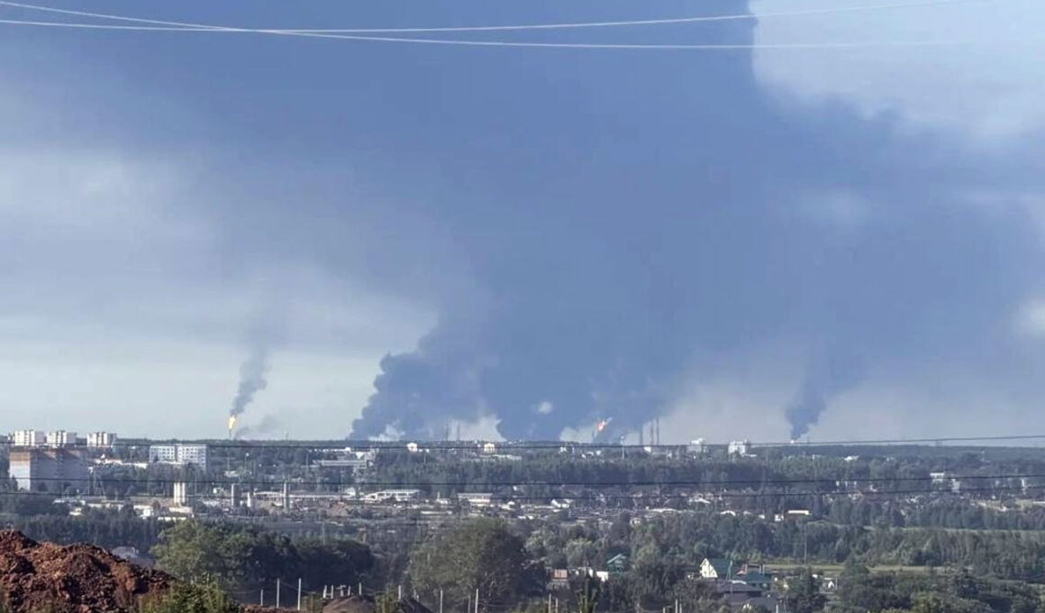 refinery saratov two tatarstan pumping station bashkortostan — one night's russian oil target list · post smoke drifts over industrial zone nizhnekamsk after ukrainian drone strikes its refineries 8 2026