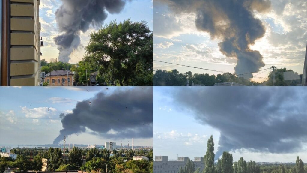anti-drone nets keep failing russia's fuel tanks burn azov moscow · post fire oil terminal taganrog 10 2026 4 пожежа на нафтовому терміналі в російському таганрозі липня фото exilenova+ collage