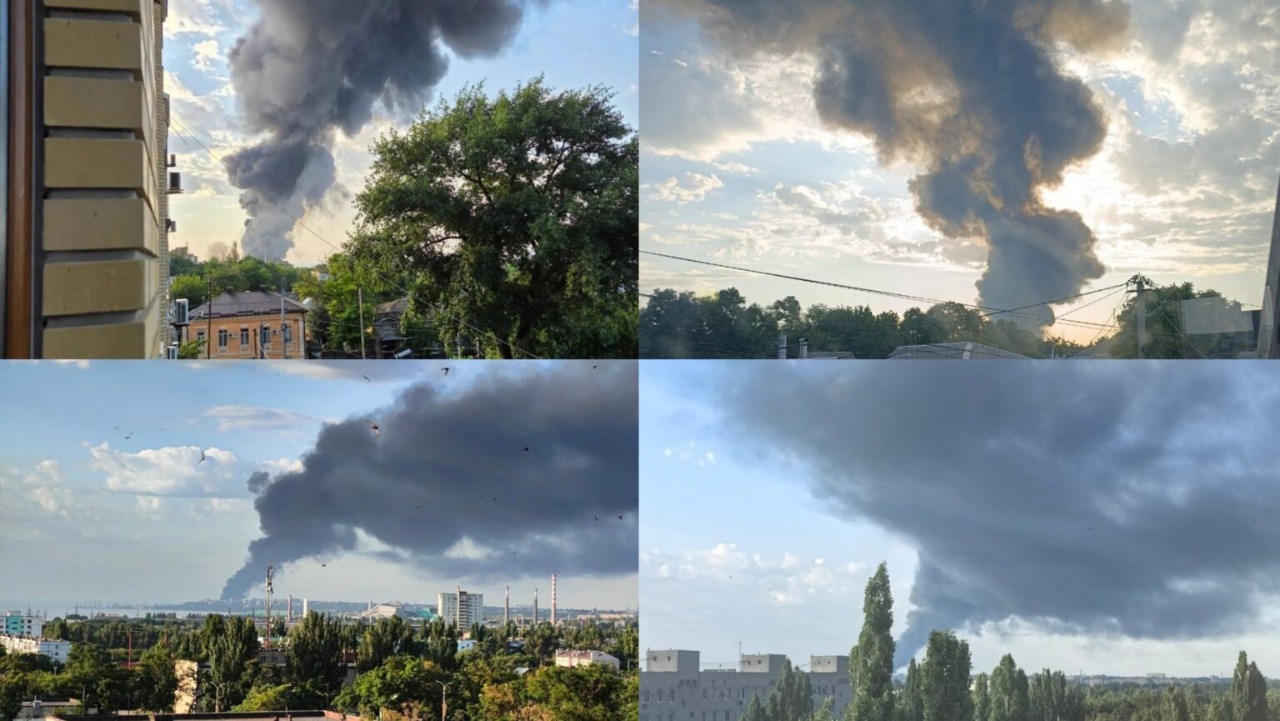 anti-drone nets keep failing russia's fuel tanks burn azov moscow · post fire oil terminal taganrog 10 2026 4 пожежа на нафтовому терміналі в російському таганрозі липня фото exilenova+ collage