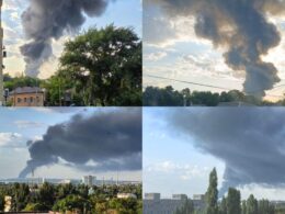 anti-drone nets keep failing russia's fuel tanks burn azov moscow · post fire oil terminal taganrog 10 2026 4 пожежа на нафтовому терміналі в російському таганрозі липня фото exilenova+ collage