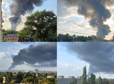 anti-drone nets keep failing russia's fuel tanks burn azov moscow · post fire oil terminal taganrog 10 2026 4 пожежа на нафтовому терміналі в російському таганрозі липня фото exilenova+ collage