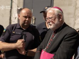Paul Richard Gallagher, the Holy See's Secretary for Relations with States and International Organizations, visited the site of a Russian missile strike in Kyiv. Source: The State Emergency Service