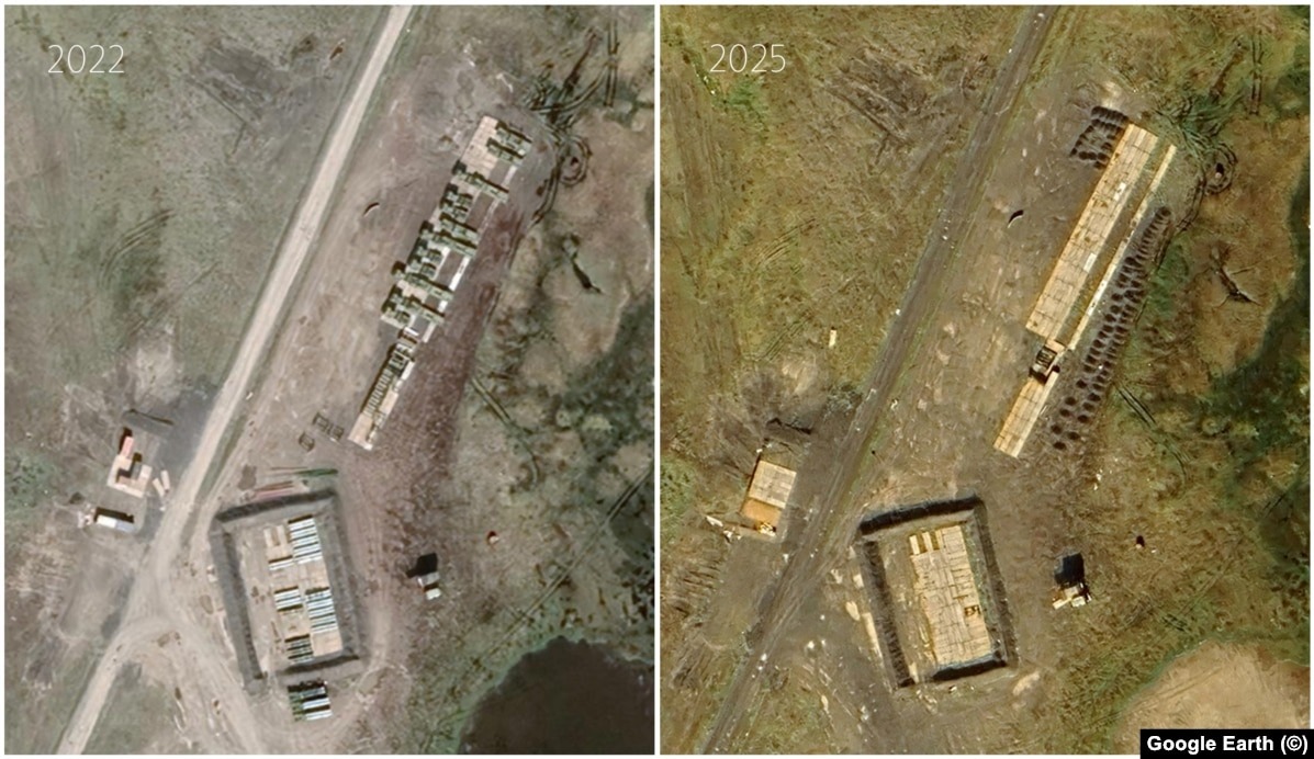russia's arctic bases sit near-naked air defenses vanish guard moscow refineries burning inland · post fleet transporter vehicles missile storage revetment near rogachevo base novaya zemlya archipelago 2022 (left) 2025