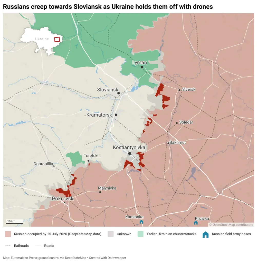 Russian advances near Sloviansk over two months. Map: Euromaidan Press