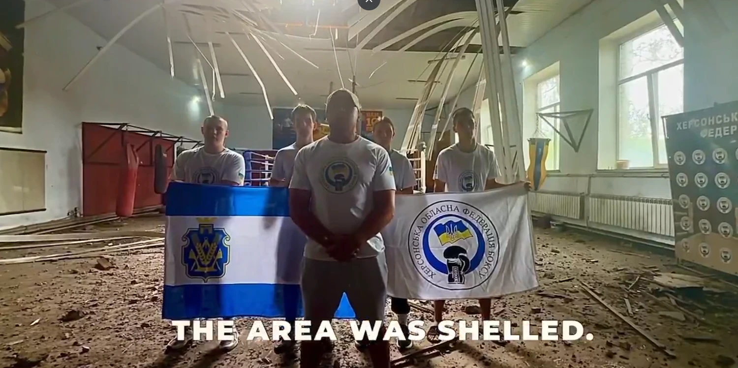 Ukrainian athletes appealed to World Boxing to keep Russia out in the last boxing gym in Kherson, destroyed by Russian shelling on 25 July 2026. World Boxing readmitted Russia on 31 July. Screenshot from video by Zarina Zabrisky/X