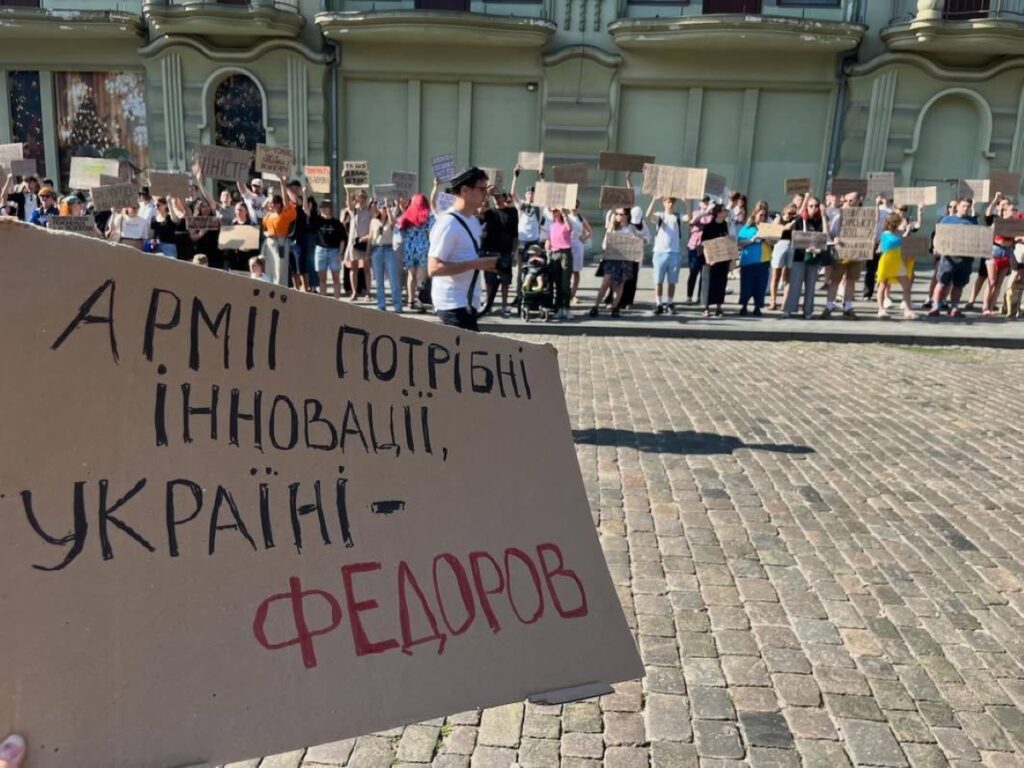cardboard protests against zelenskyy’s firing fedorov erupt across ukraine · post rally support dismissed defense minister mykhailo odesa 16 2026 signs read bring back ministry needs don’t change what works