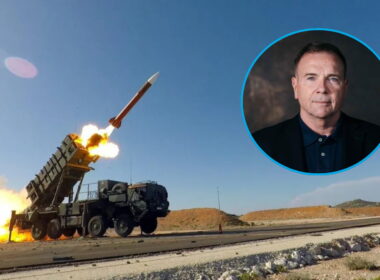 A US Patriot air-defense launcher fires an interceptor beside an inset portrait of retired US Lieutenant General Ben Hodges.