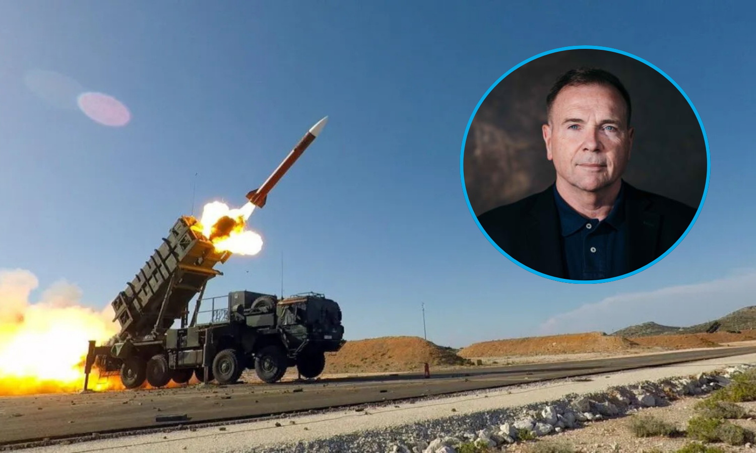 A US Patriot air-defense launcher fires an interceptor beside an inset portrait of retired US Lieutenant General Ben Hodges.