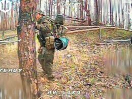 A Ukrainian drone right before it strikes a Russian soldier near Lyman.
