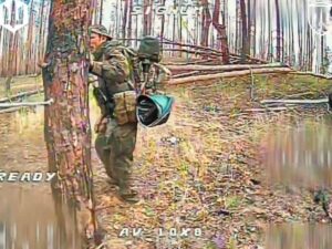 A Ukrainian drone right before it strikes a Russian soldier near Lyman.