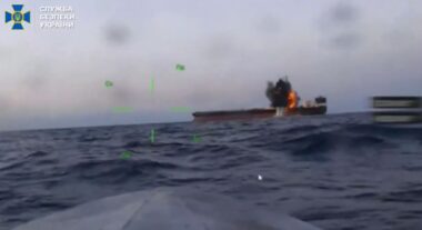 ukraine's spy service navy team up strike two russian crude tankers black sea · post shadow-fleet tanker banda burns after sbu naval-drone 16 2026 video exploding ukraine news ukrainian reports