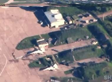 Khalino airfield in Russia's Kursk Oblast is seen from a Ukrainian drone moments before a strike on a MiG-29 fighter jet. Screenshot from video: Ukraine's General Staff