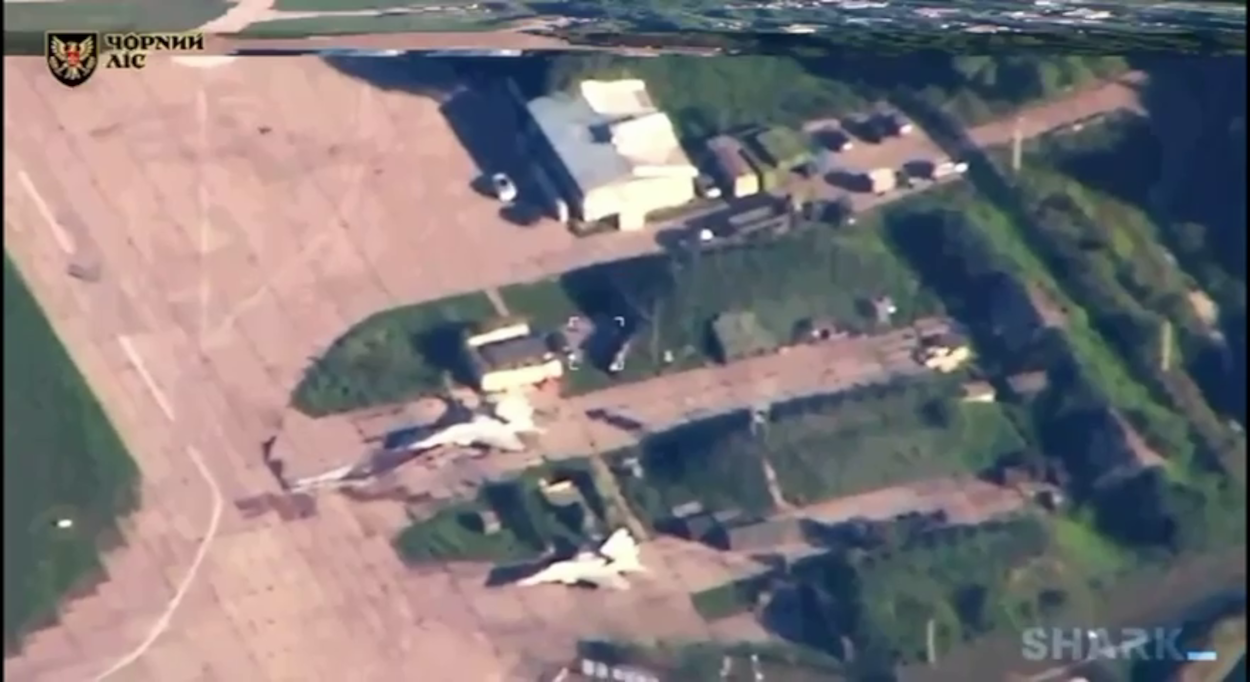 Khalino airfield in Russia's Kursk Oblast is seen from a Ukrainian drone moments before a strike on a MiG-29 fighter jet. Screenshot from video: Ukraine's General Staff