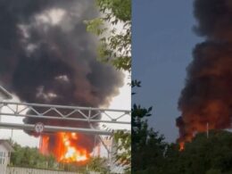 russia wrapped its fuel tanks protective nets—ukraine's drones burned regardless two oil depots last night · post fires tver (left) stavropol krai (right) after ukrainian drone strikes 9 2026 left-tver-right-mikhaylovsk-exilenova+