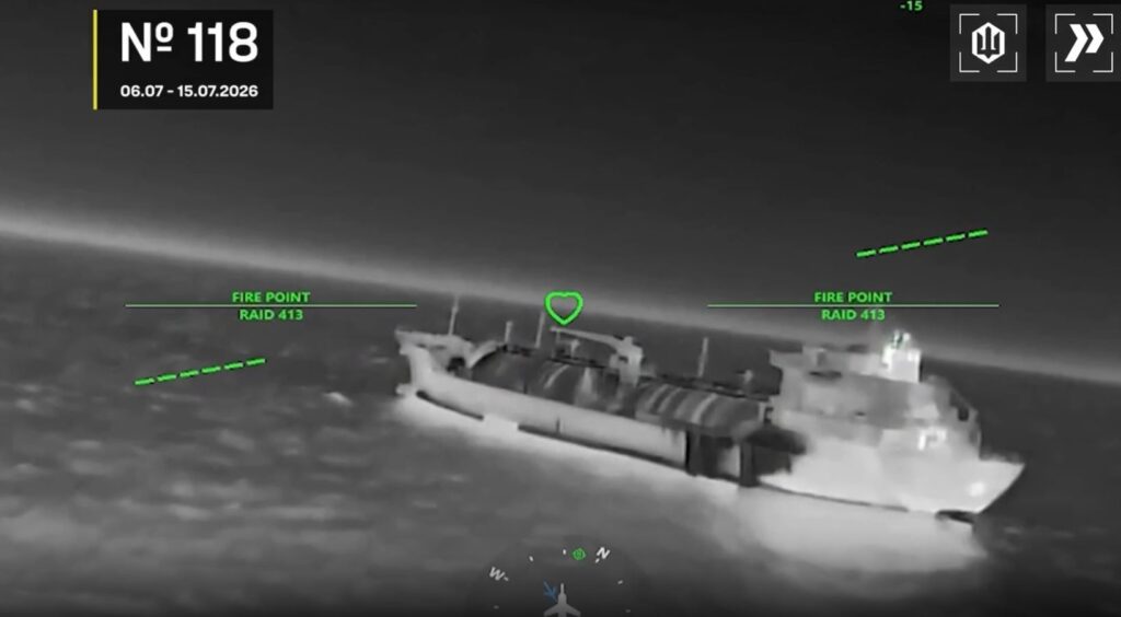 azov sea wasn't enough—ukraine's drones followed russia's oil fleet black · post russian gas carrier thermal sight ukrainian drone during strikes marked 118th vessel hit 6–15 2026 operation sbs video