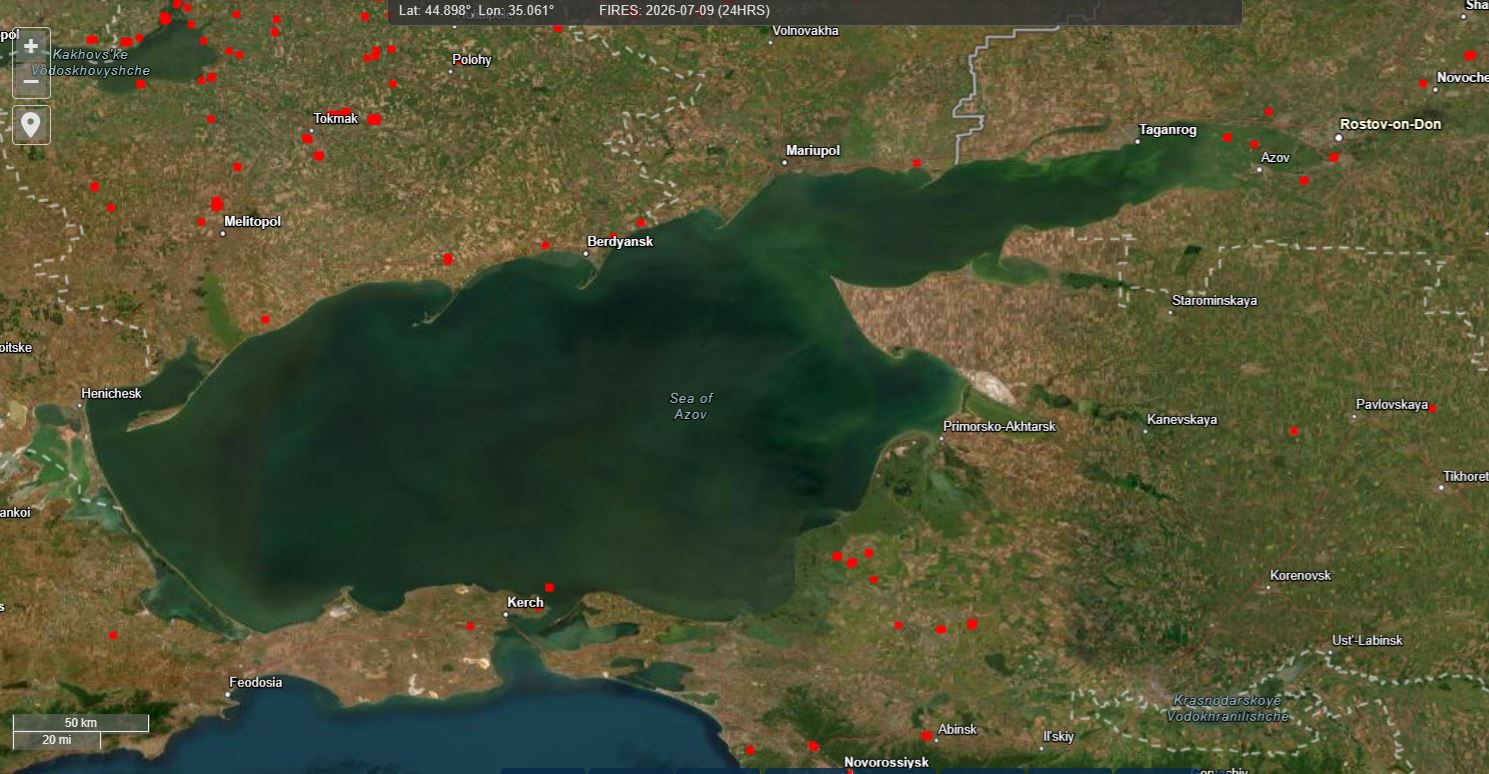 35 ships four days ukraine's campaign against russia's azov sea fuel run keeps widening · post nasa firms satellite shows fires registered around including near occupied kerch taganrog over past