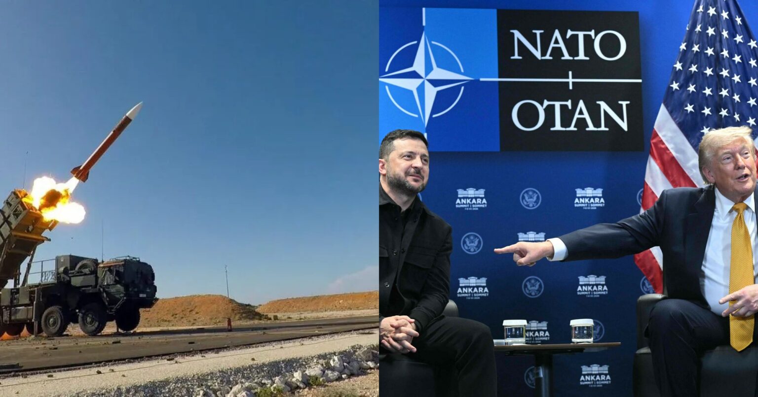 A US Patriot missile launches, beside Zelenskyy and Trump meeting at the Ankara NATO summit, July 2026.