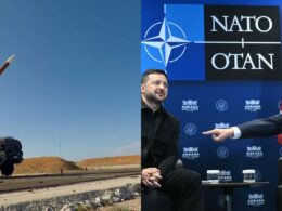 A US Patriot missile launches, beside Zelenskyy and Trump meeting at the Ankara NATO summit, July 2026.