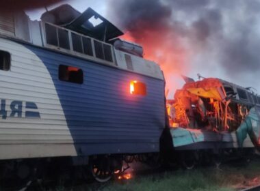 The image shows a train in Ukraine on fire, hit by a Russian drone. Source: Oleksii Kuleba