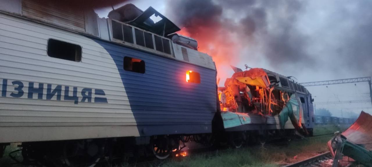 The image shows a train in Ukraine on fire, hit by a Russian drone. Source: Oleksii Kuleba