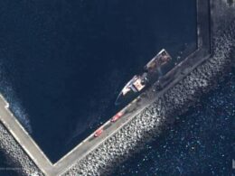 Satellite image released by the Ukrainian Navy showing the damaged Russian FSB patrol ship Izumrud moored at a pier in occupied Crimea. Source: The Ukrainian Navy