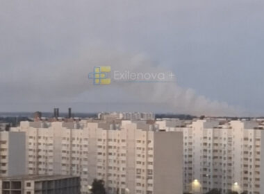 Smoke seen on the horizon reportedly coming from Russia's Engels-2 airbase in Saratov, following a drone strike on 16 July 2026. Photo: Exilenova+