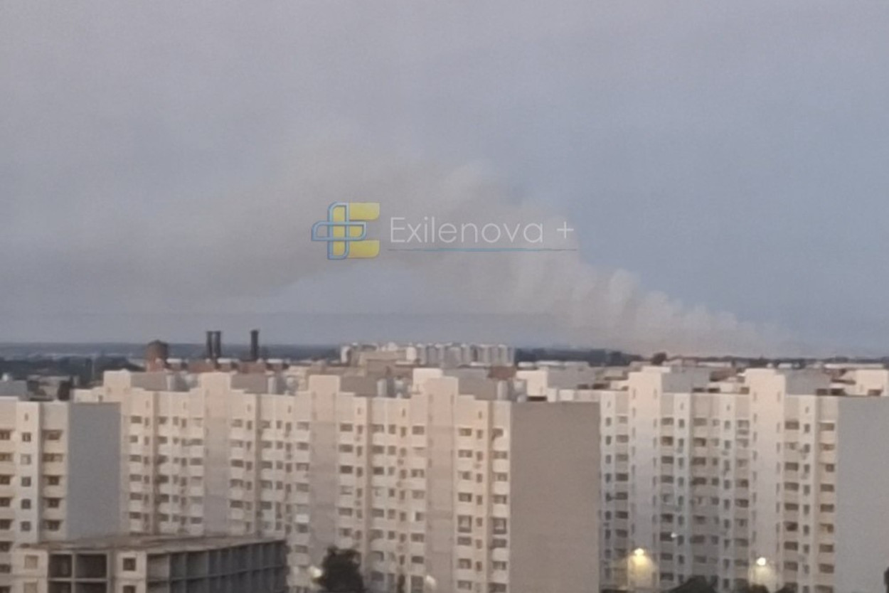 Smoke seen on the horizon reportedly coming from Russia's Engels-2 airbase in Saratov, following a drone strike on 16 July 2026. Photo: Exilenova+