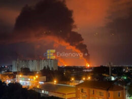 Smoke billowing from Mikhailovskoye oil depot in Russia's Stavropol Krai following an overnight Ukrainian drone attack on 19 July. Photo: Exilenova+