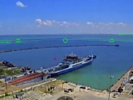 A photo shared by Robert “Madyar” Brovdi shows the Russian ferry “Maria” before it was struck in Ukrainian drone operations, with the damaged “Panagia” ferry visible to the right. Photo: Robert