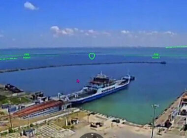 A photo shared by Robert “Madyar” Brovdi shows the Russian ferry “Maria” before it was struck in Ukrainian drone operations, with the damaged “Panagia” ferry visible to the right. Photo: Robert