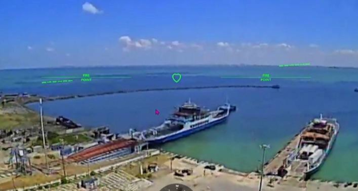 A photo shared by Robert “Madyar” Brovdi shows the Russian ferry “Maria” before it was struck in Ukrainian drone operations, with the damaged “Panagia” ferry visible to the right. Photo: Robert
