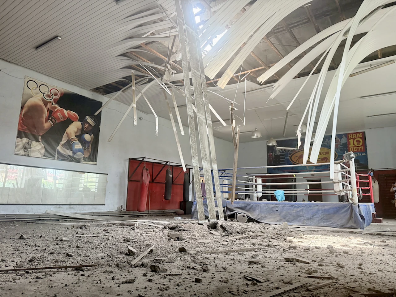 The wrecked interior of Kherson's boxing gym after Russian artillery shelling on 25 July 2026
