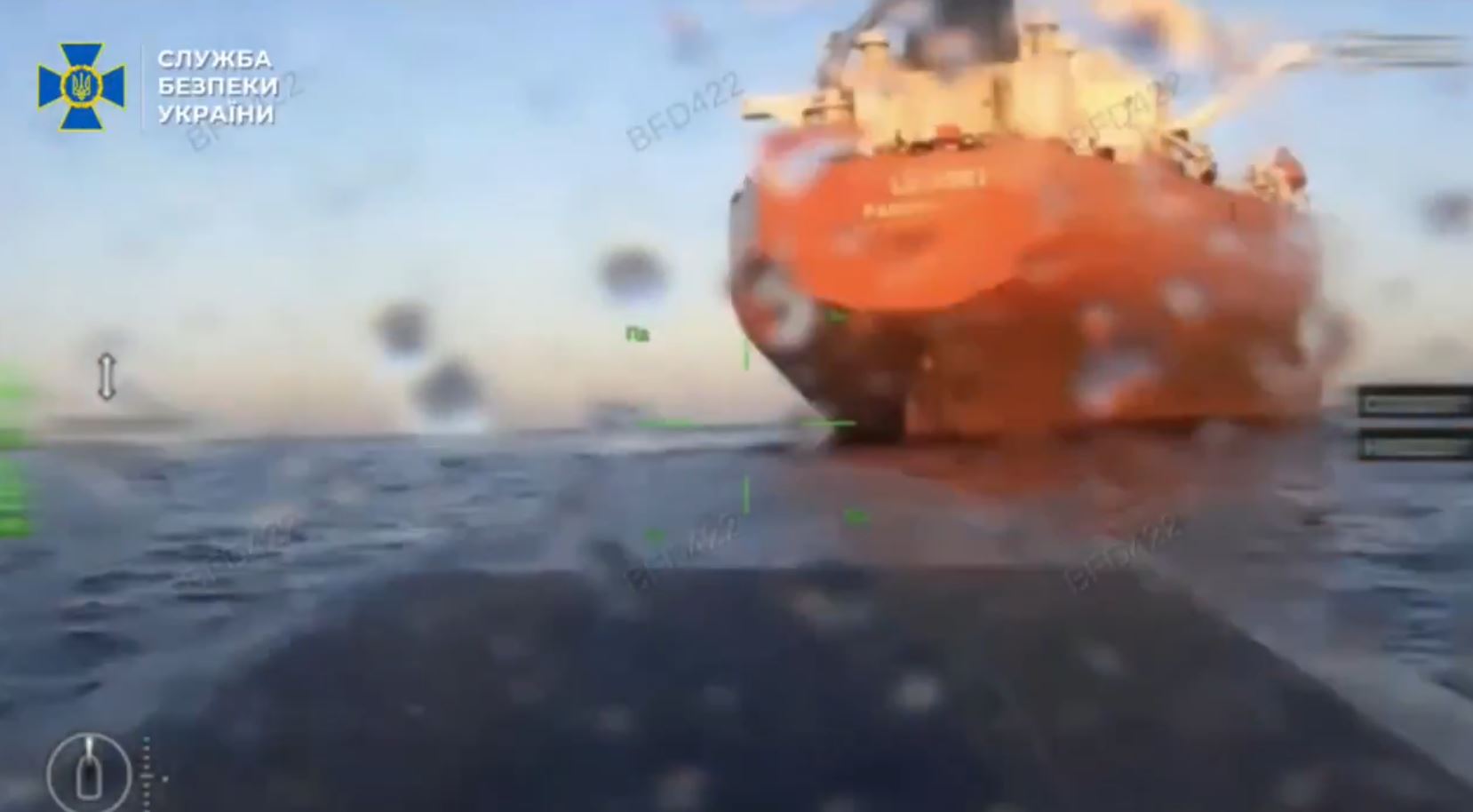 ukraine's spy service navy team up strike two russian crude tankers black sea · post sbu naval drone closes stern shadow-fleet tanker louise 1 16 2026 video drones nears shadow