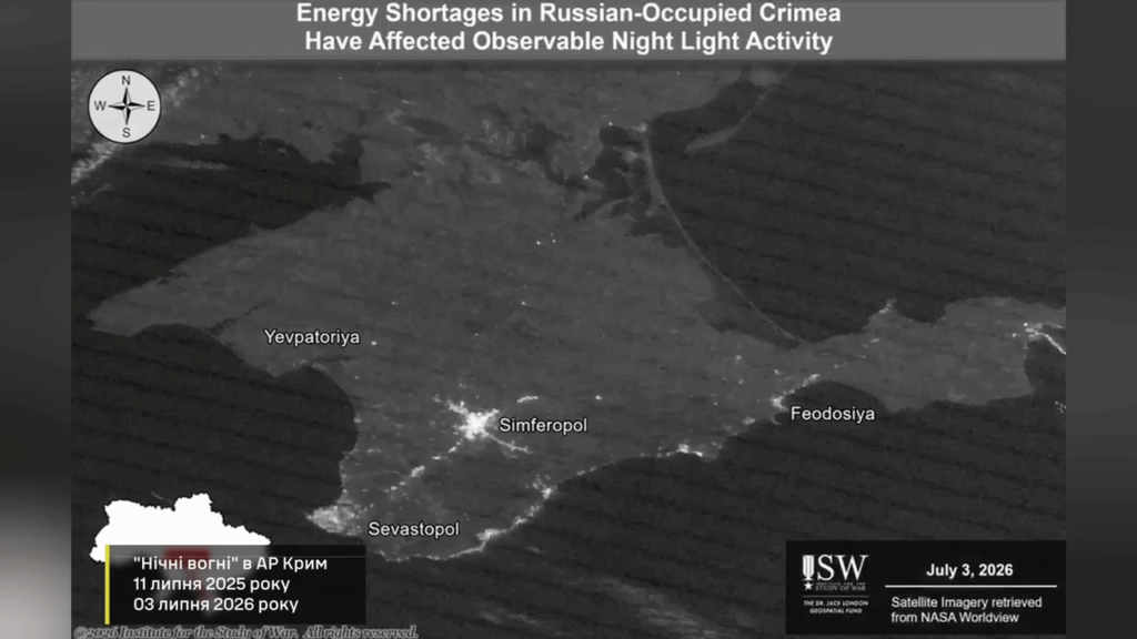 Satellite data showing reduced electricity activity across Russian-occupied Crimea on 3 July 2026. Screenshot from video: Robert